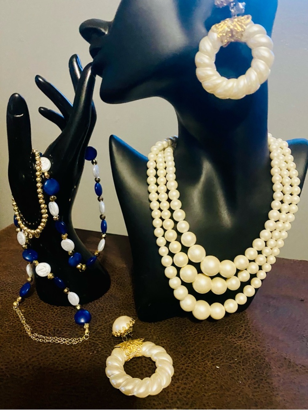 Multi-Strand White Pearl Necklace w Earrings Set, Blue & White Boho Necklace